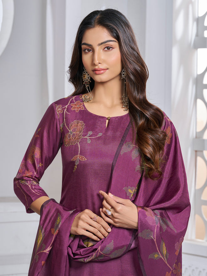 Maroon Printed With Handwork Straight Kurta With Dyed Trousers And Printed Dupatta
