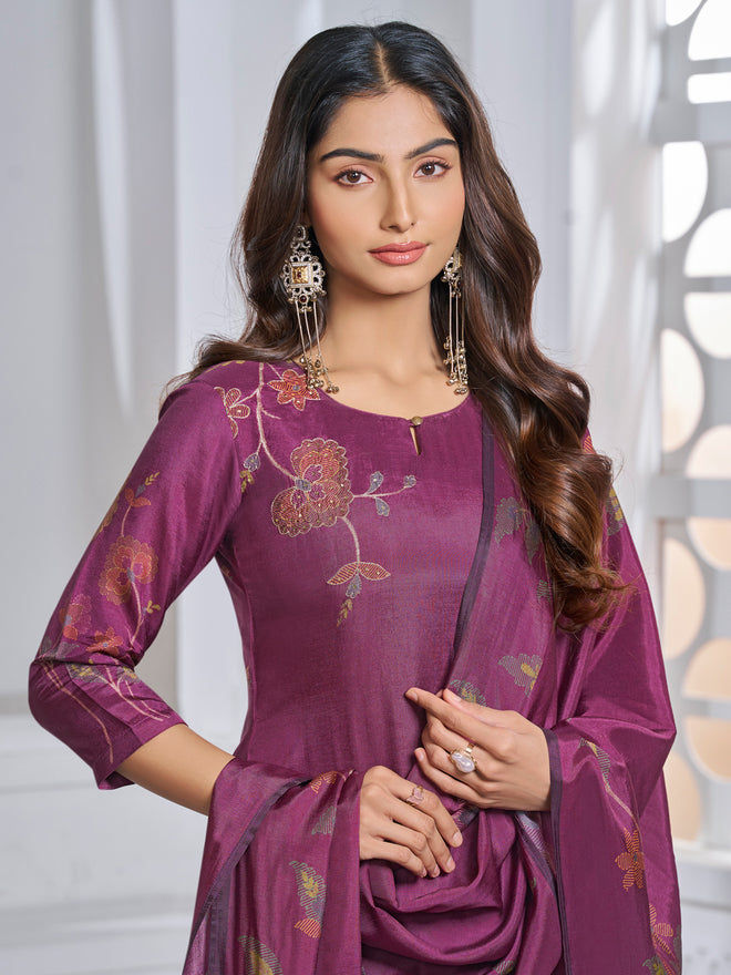 Maroon Printed With Handwork Straight Kurta With Dyed Trousers And Printed Dupatta