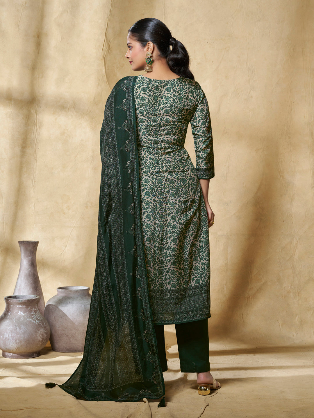 Green Printed With Handwork Straight Kurta With Dyed Trousers And Printed Dupatta