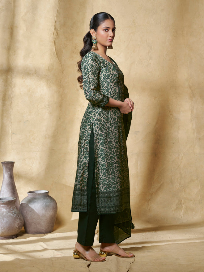 Green Flower Printed With Handwork Straight Kurta With Dyed Trousers And Printed Dupatta