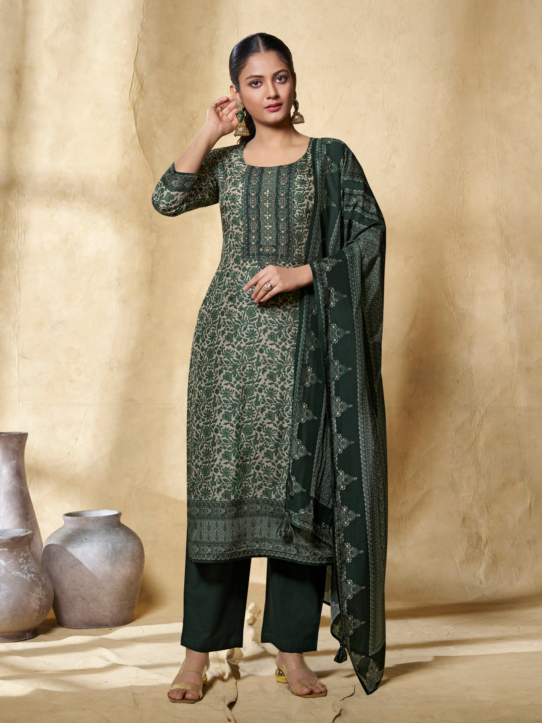Green Printed With Handwork Straight Kurta With Dyed Trousers And Printed Dupatta