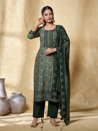 Green Flower Printed With Handwork Straight Kurta With Dyed Trousers And Printed Dupatta
