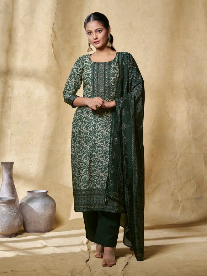 Green Flower Printed With Handwork Straight Kurta With Dyed Trousers And Printed Dupatta