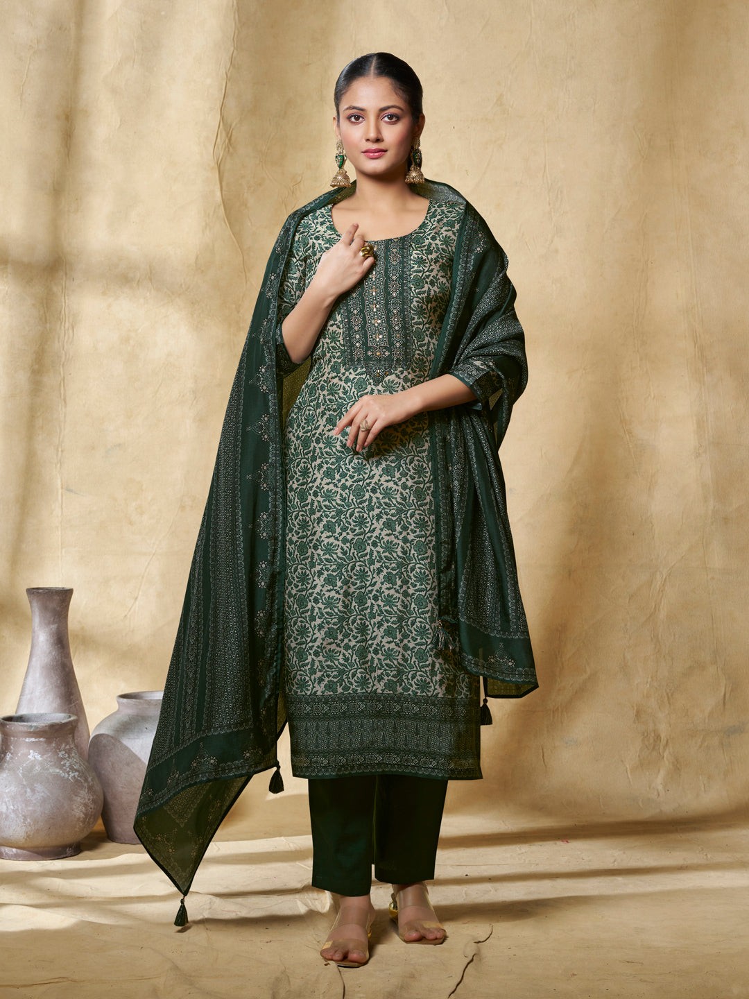 Green Printed With Handwork Straight Kurta With Dyed Trousers And Printed Dupatta
