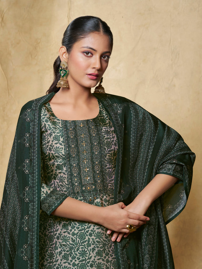 Green Flower Printed With Handwork Straight Kurta With Dyed Trousers And Printed Dupatta