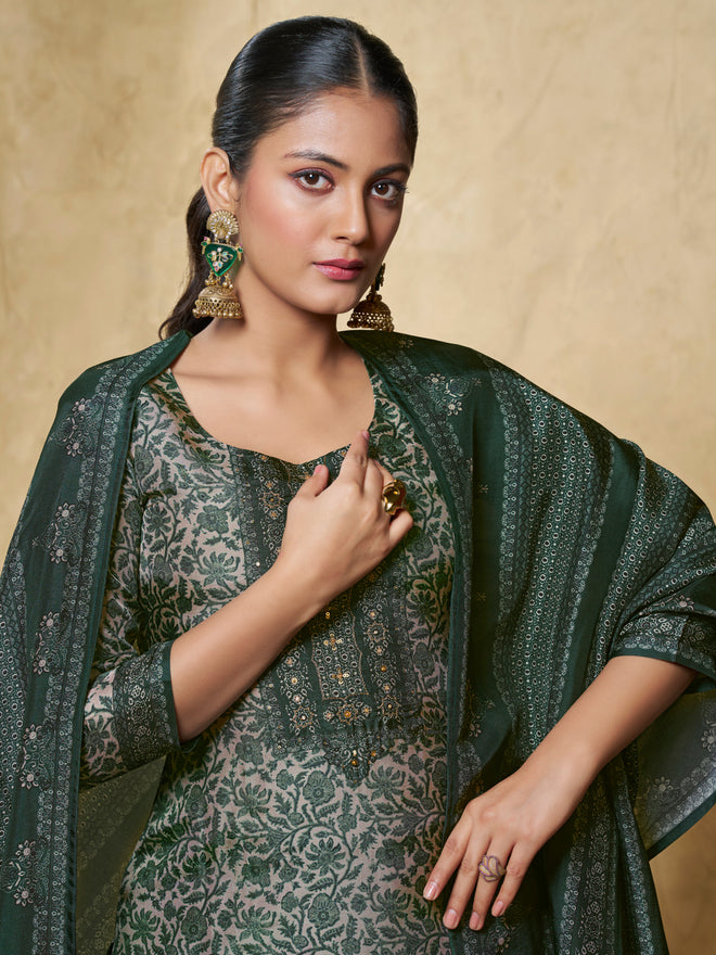 Green Flower Printed With Handwork Straight Kurta With Dyed Trousers And Printed Dupatta