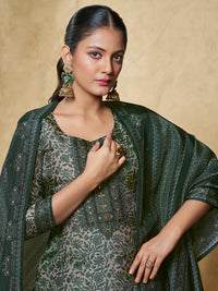 Green Flower Printed With Handwork Straight Kurta With Dyed Trousers And Printed Dupatta