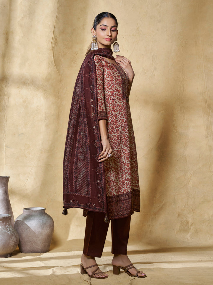 Brown Flower Printed With Handwork Straight Kurta With Dyed Trousers And Printed Dupatta