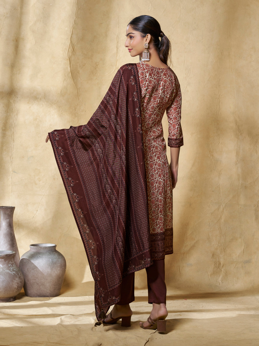 Brown Flower Printed With Handwork Straight Kurta With Dyed Trousers And Printed Dupatta