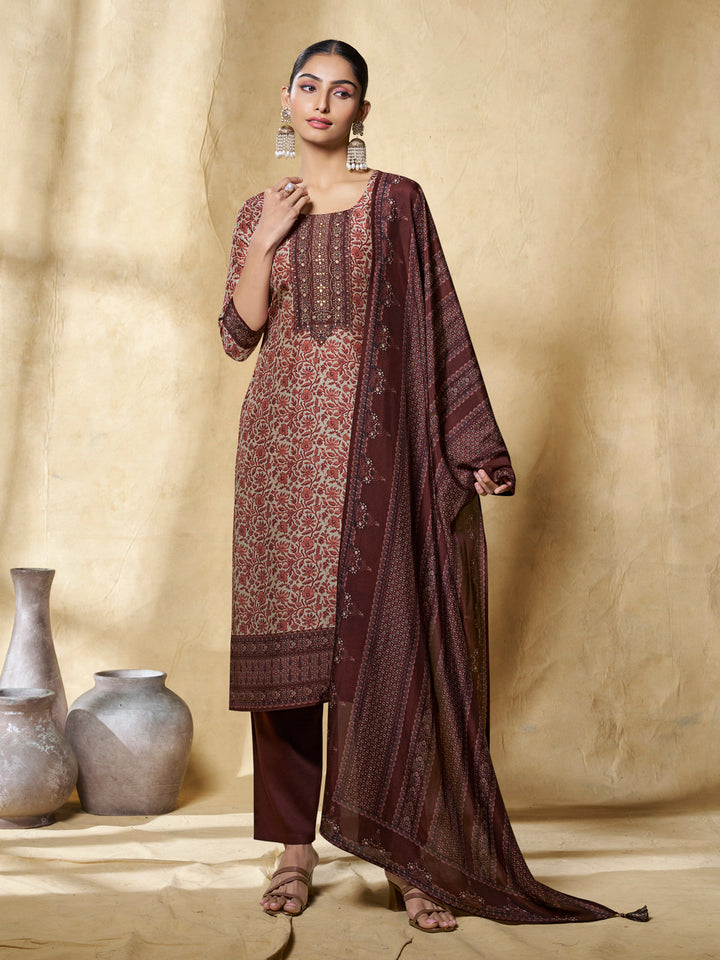 Brown Flower Printed With Handwork Straight Kurta With Dyed Trousers And Printed Dupatta