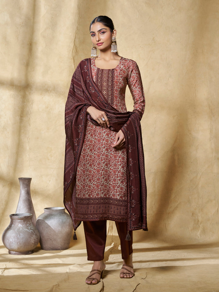 Brown Flower Printed With Handwork Straight Kurta With Dyed Trousers And Printed Dupatta