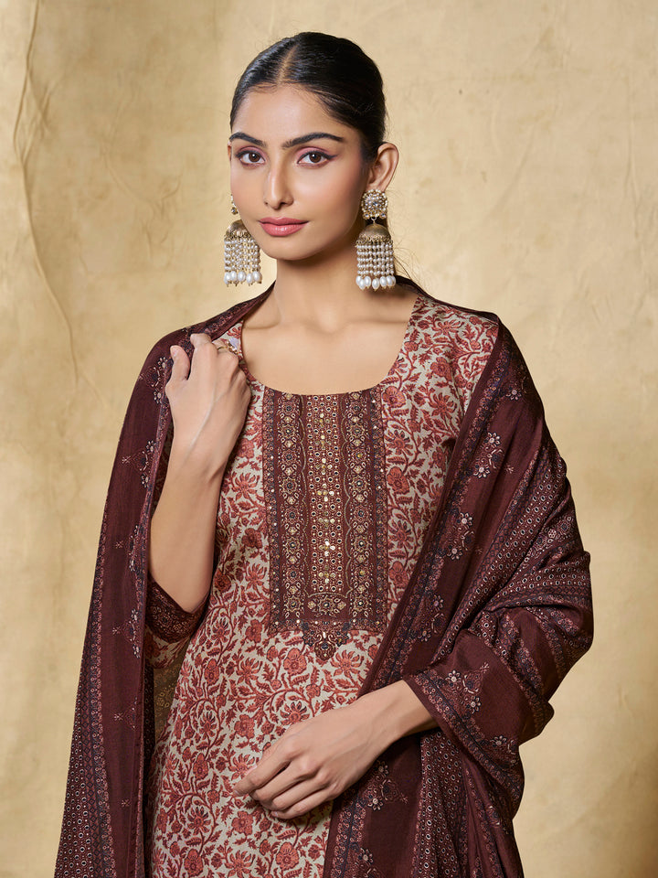 Brown Flower Printed With Handwork Straight Kurta With Dyed Trousers And Printed Dupatta