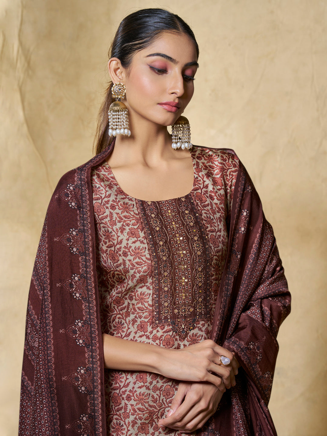 Brown Flower Printed With Handwork Straight Kurta With Dyed Trousers And Printed Dupatta