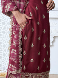 Dark Red Kurta Set in Dola Silk with Digital Print Dupatta