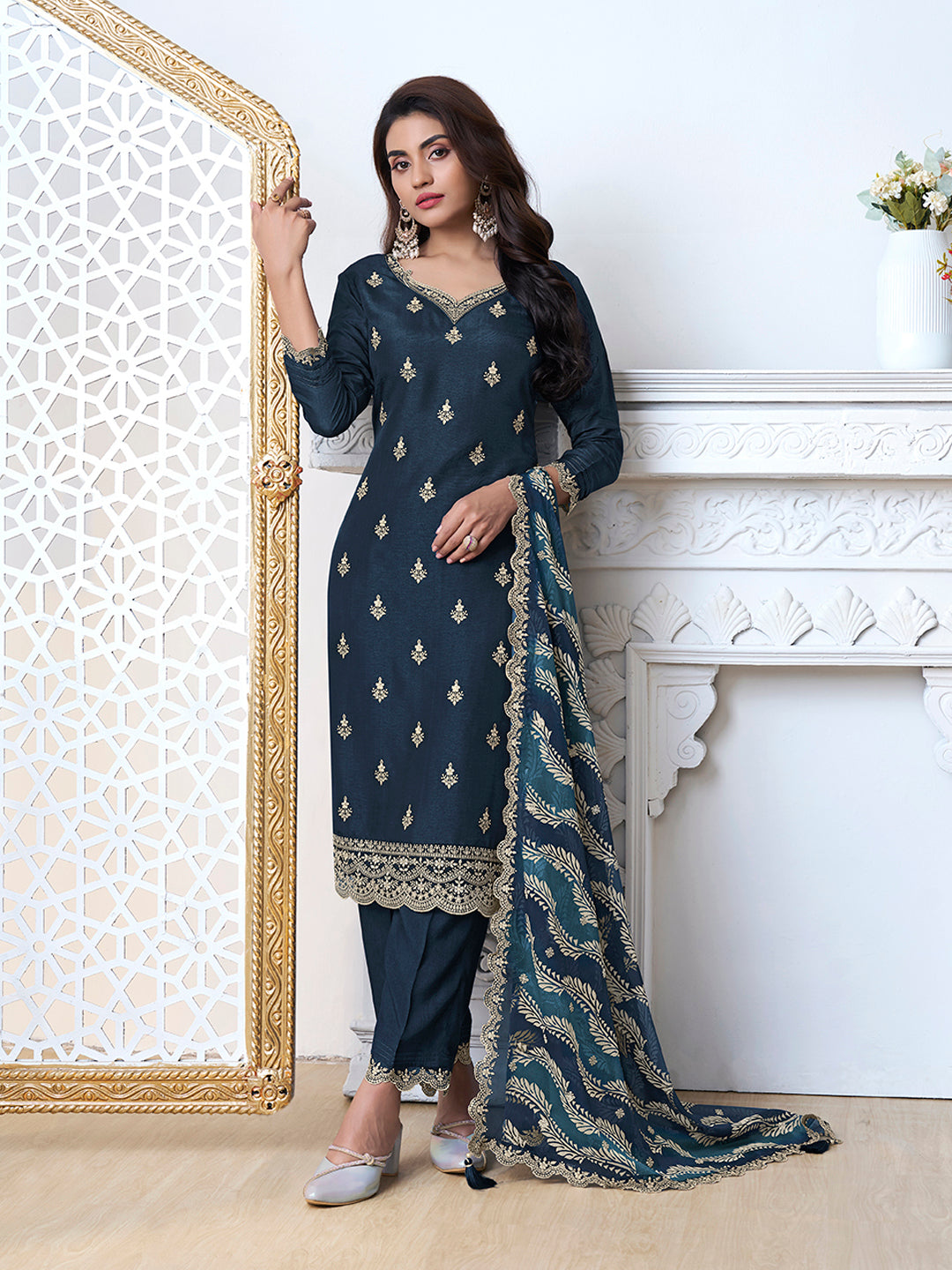 Navy Blue Cutwork Neckline Dola Silk Kurta Suit Set with Digital Print Dupatta
