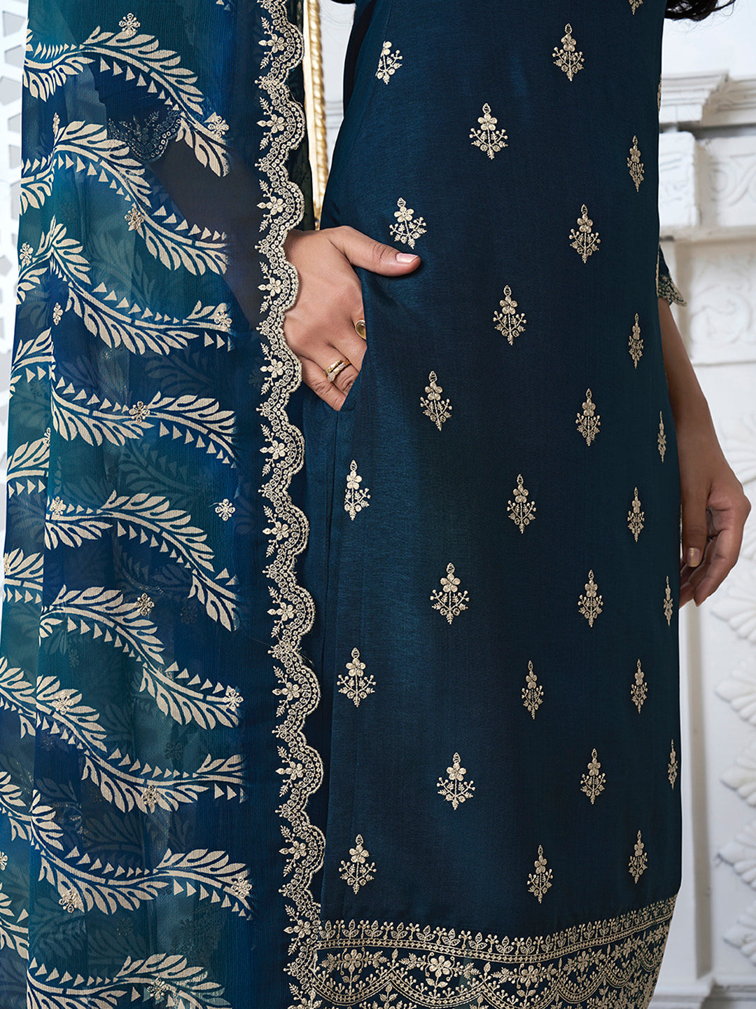 Navy Blue Cutwork Neckline Dola Silk Kurta Suit Set with Digital Print Dupatta