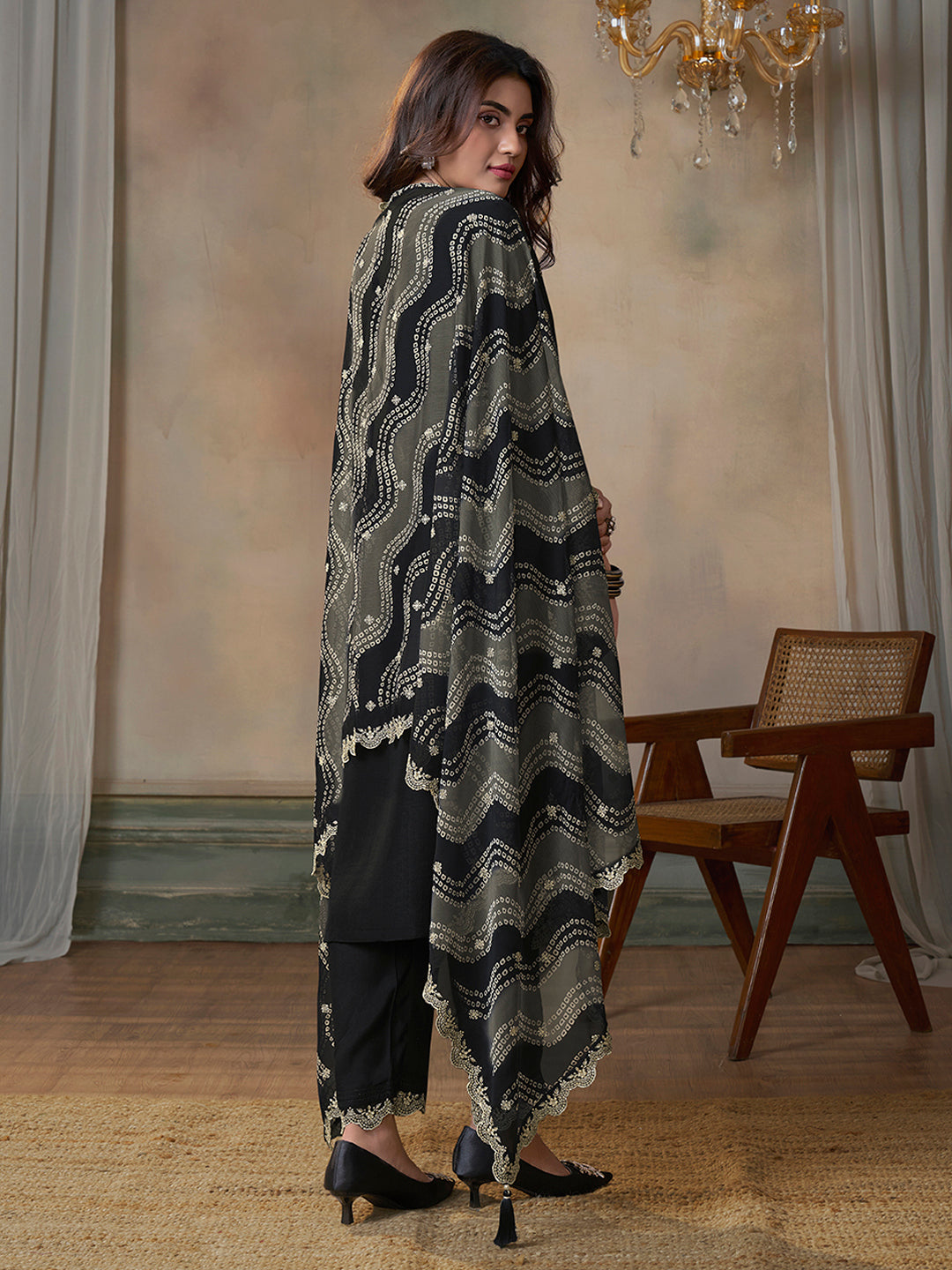 Black Cutwork Neckline Dola Silk Kurta Suit Set with Digital Print Dupatta