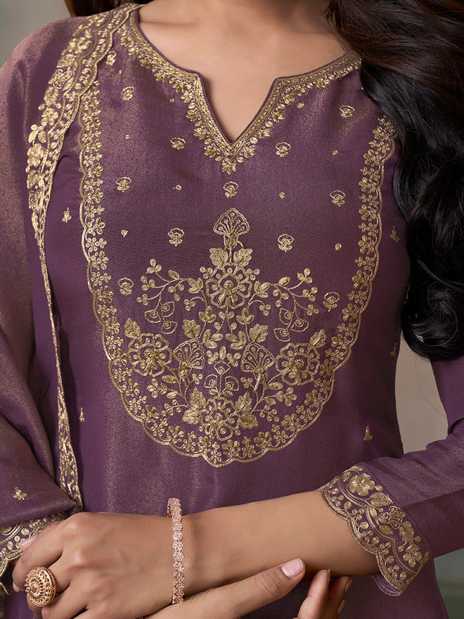 Purple Viscose Tissue with Pitta work Sharara Suit Set