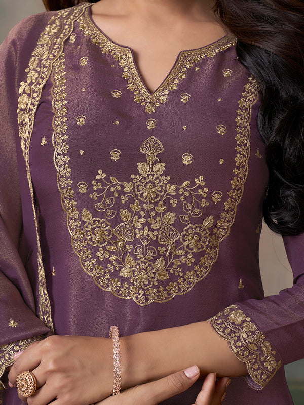 Purple Viscose Tissue with Pitta work Sharara Suit Set