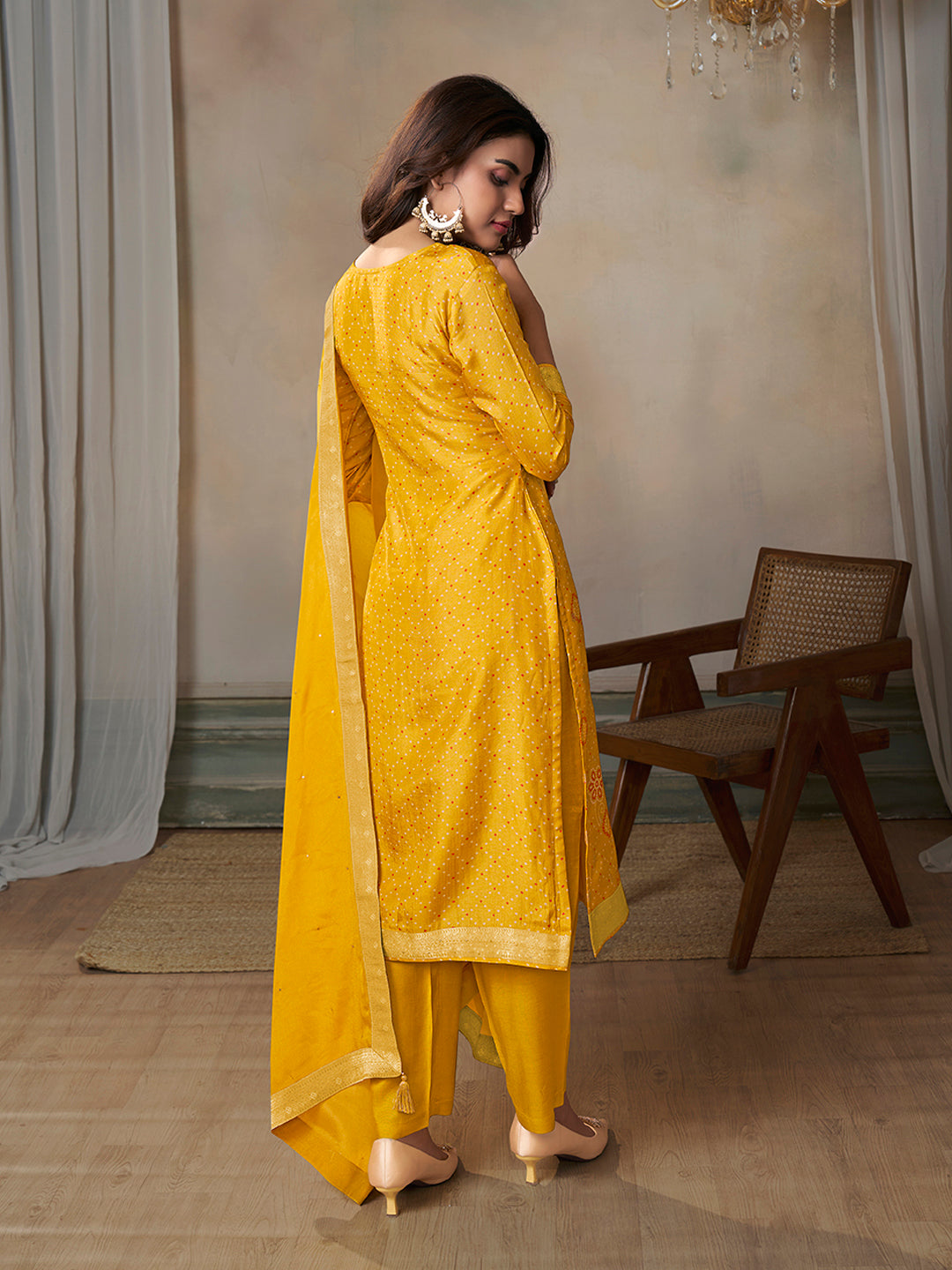 Mustard Jacquard With Printed Kurta With Dyed Trousers And Dyed Dupatta