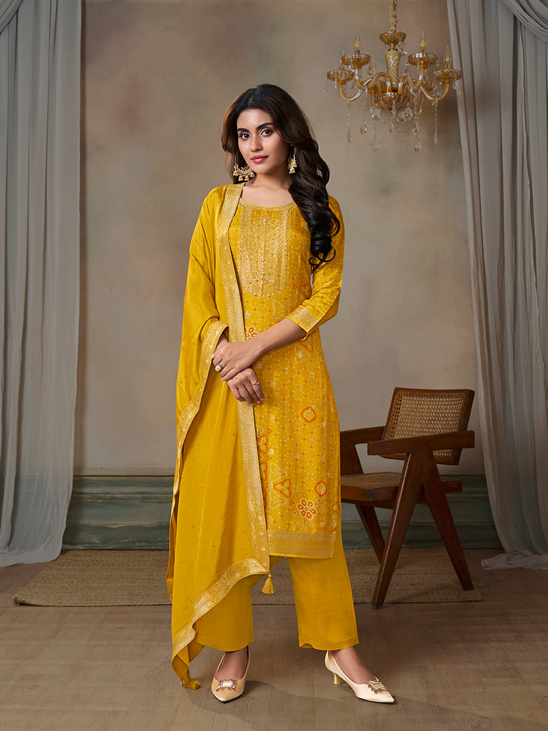 Mustard Jacquard With Printed Kurta With Dyed Trousers And Dyed Dupatta