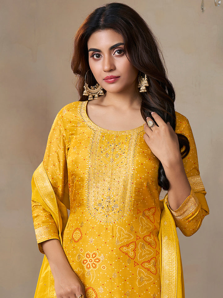 Mustard Jacquard With Printed Kurta With Dyed Trousers And Dyed Dupatta