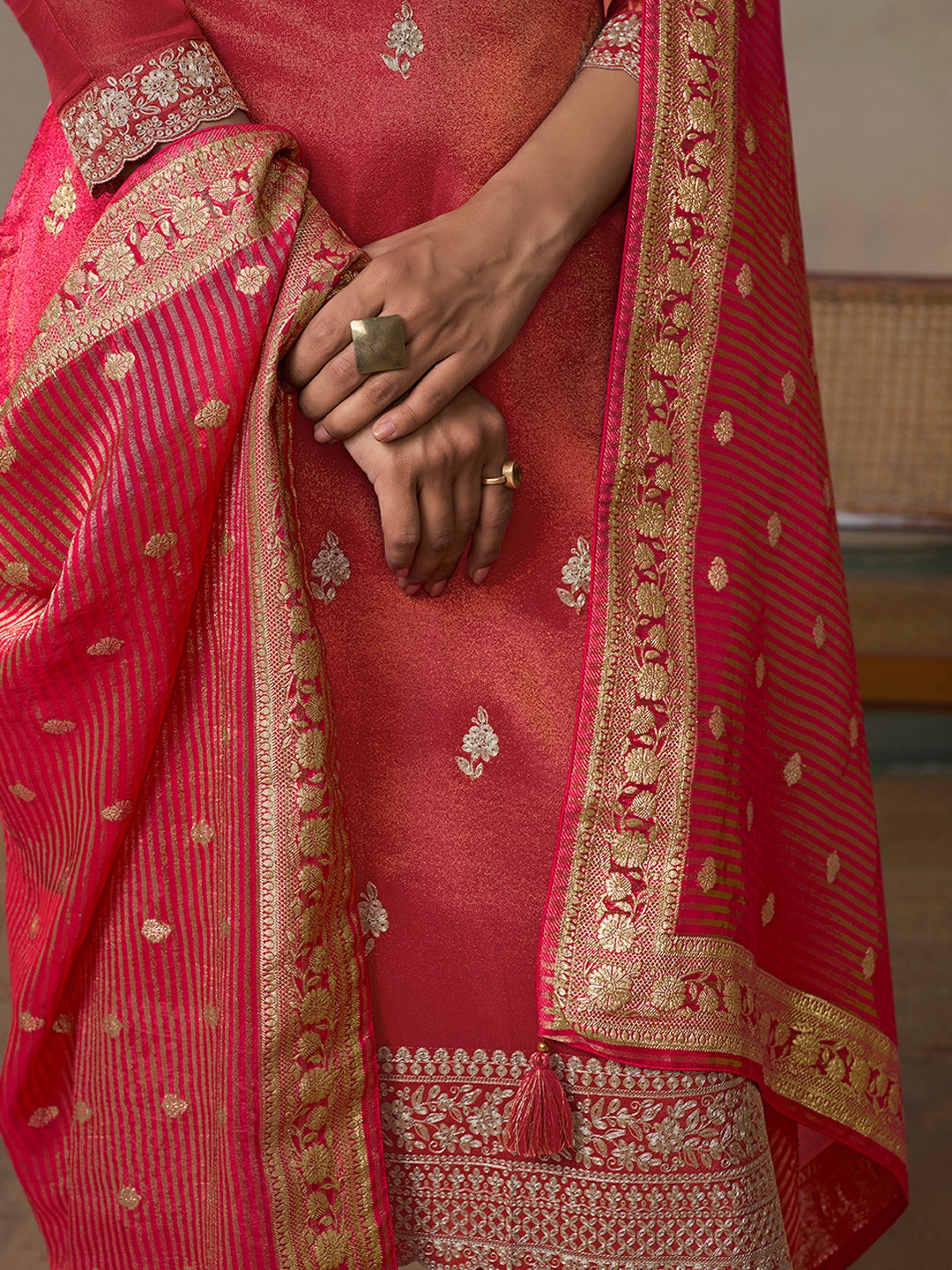 Red Viscose Tissue with Pitta work Kurta Suit Set