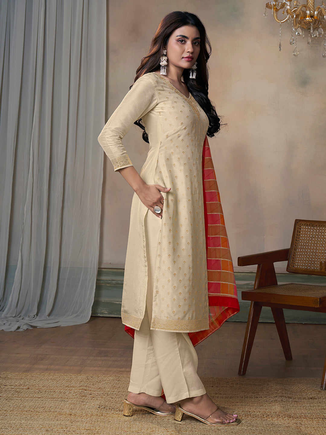 Off-White Dola Jacquard Kurta Suit Set with Digital Print Dupatta