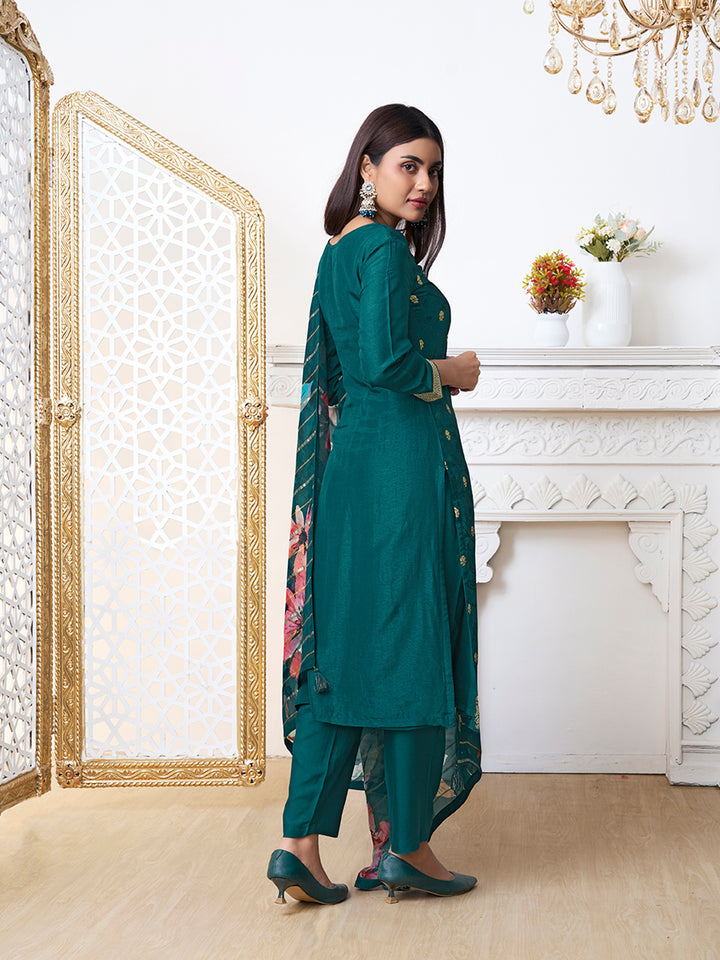 Green Dola Ethnic Motifs Jacquard Kurta Suit Set