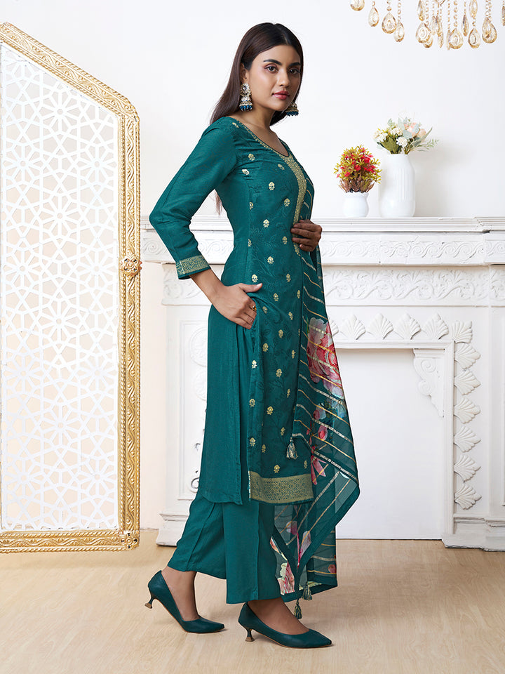 Green Dola Ethnic Motifs Jacquard Kurta Suit Set