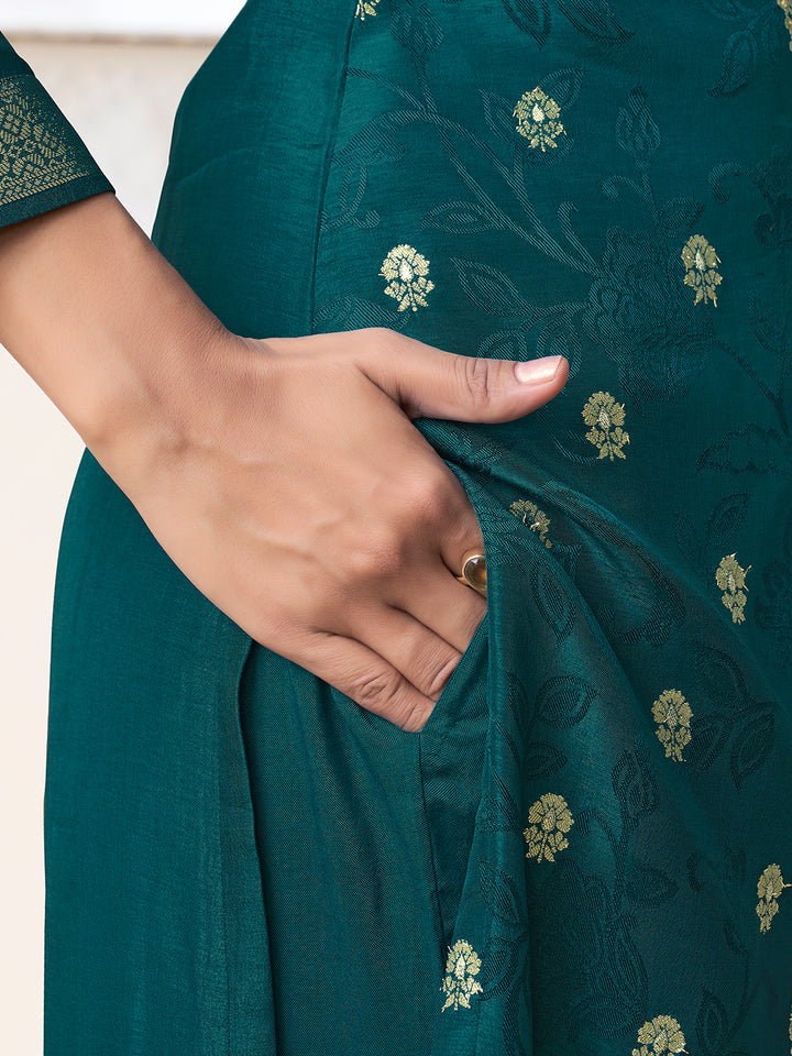 Green Dola Ethnic Motifs Jacquard Kurta Suit Set