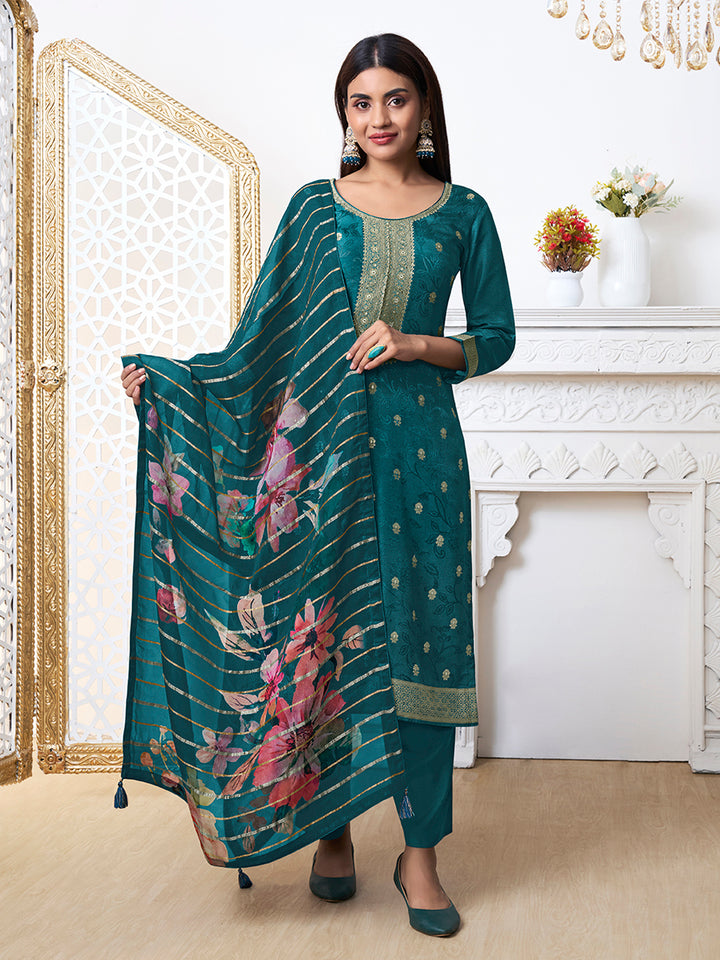 Green Dola Ethnic Motifs Jacquard Kurta Suit Set