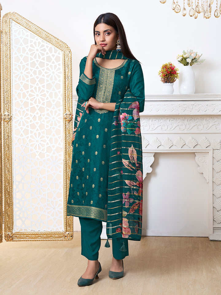 Green Dola Ethnic Motifs Jacquard Kurta Suit Set