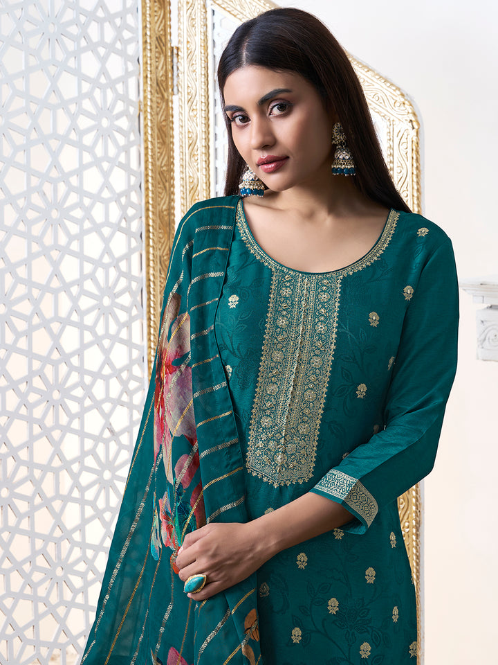 Green Dola Ethnic Motifs Jacquard Kurta Suit Set