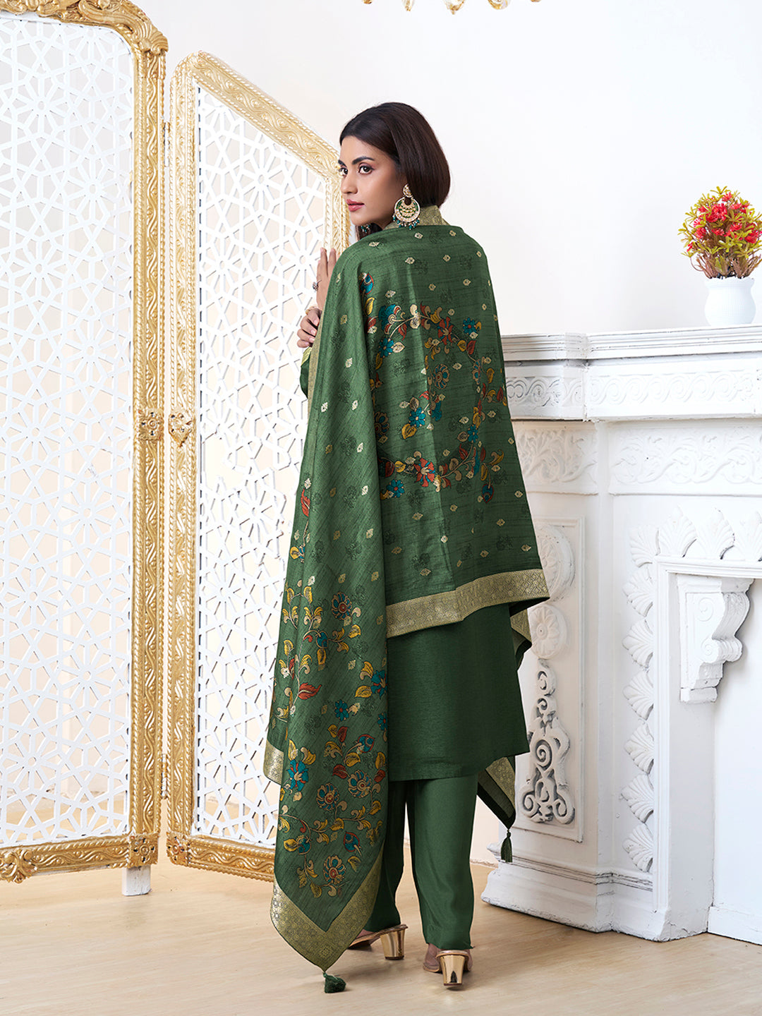 Dark Green Dola Silk with Jacquard Weave Kurta Suit Set