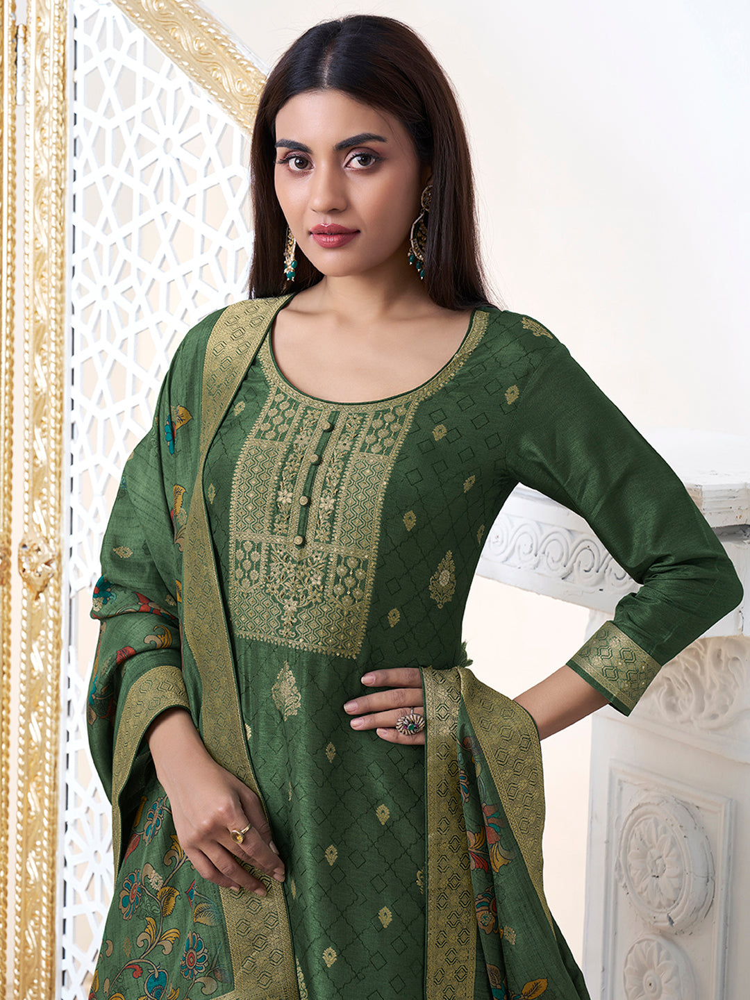 Dark Green Dola Silk with Jacquard Weave Kurta Suit Set