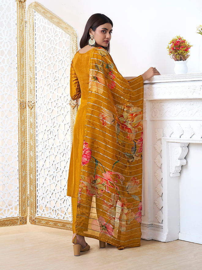 Mustard Yellow Dola Ethnic Motifs Jacquard Kurta Suit Set