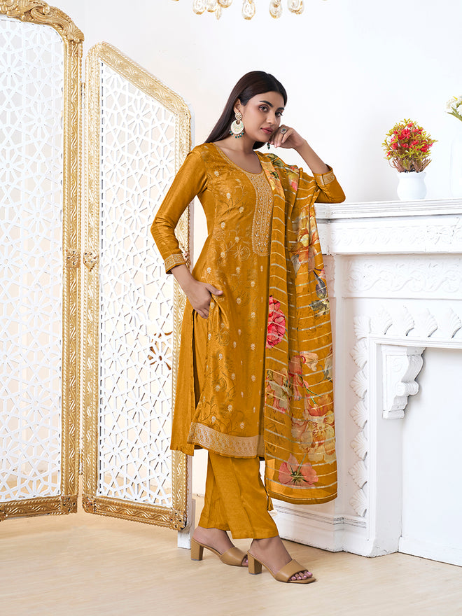 Mustard Yellow Dola Ethnic Motifs Jacquard Kurta Suit Set