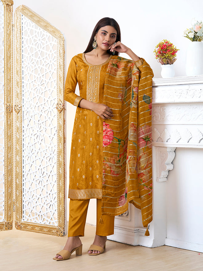Mustard Yellow Dola Ethnic Motifs Jacquard Kurta Suit Set