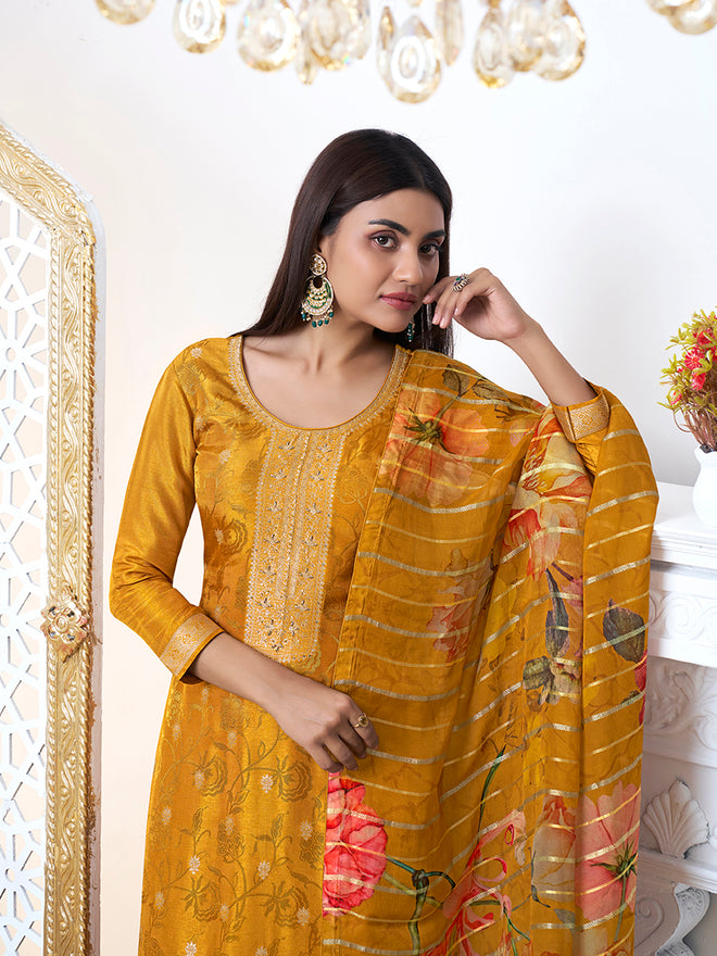 Mustard Yellow Dola Ethnic Motifs Jacquard Kurta Suit Set