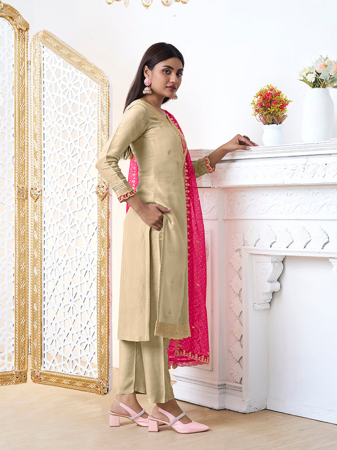 Off-White Tissue with Bandhani Print Colour Contrast Dupatta Kurta Suit Set