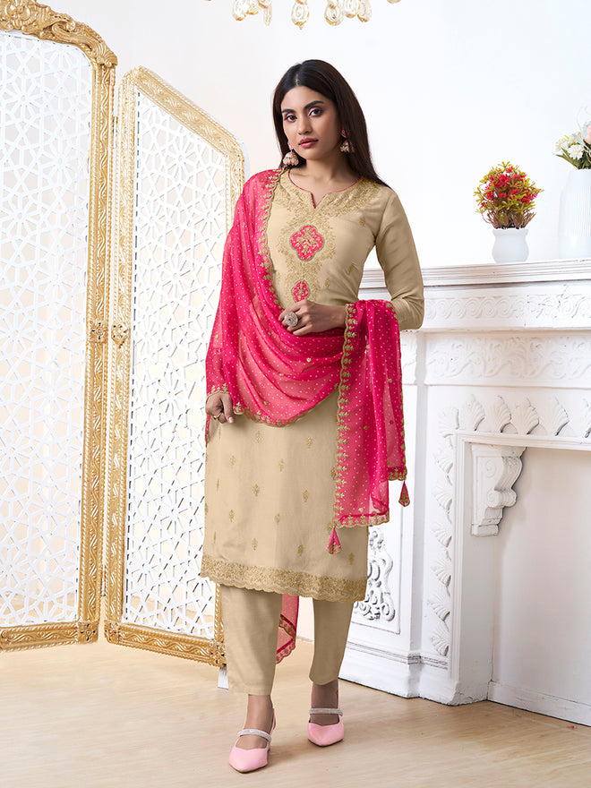 Off-White Tissue with Bandhani Print Colour Contrast Dupatta Kurta Suit Set