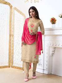 Off-White Tissue with Bandhani Print Colour Contrast Dupatta Kurta Suit Set