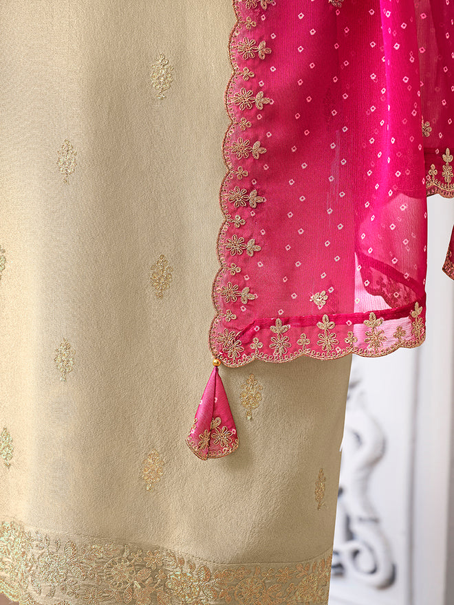 Off-White Tissue with Bandhani Print Colour Contrast Dupatta Kurta Suit Set