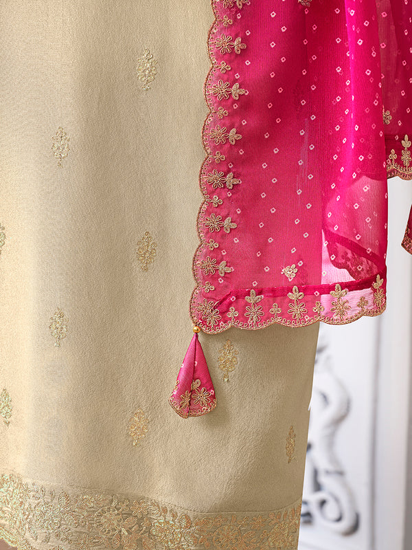 Off-White Tissue with Bandhani Print Colour Contrast Dupatta Kurta Suit Set