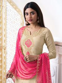 Off-White Tissue with Bandhani Print Colour Contrast Dupatta Kurta Suit Set