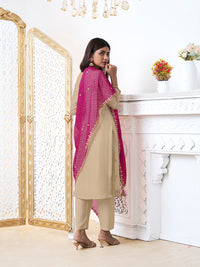 Off-White Tissue with Bandhani Print With Pink Colour Contrast Dupatta Kurta Suit Set