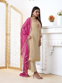 Off-White Tissue with Bandhani Print With Pink Colour Contrast Dupatta Kurta Suit Set