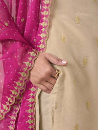 Off-White Tissue with Bandhani Print With Pink Colour Contrast Dupatta Kurta Suit Set