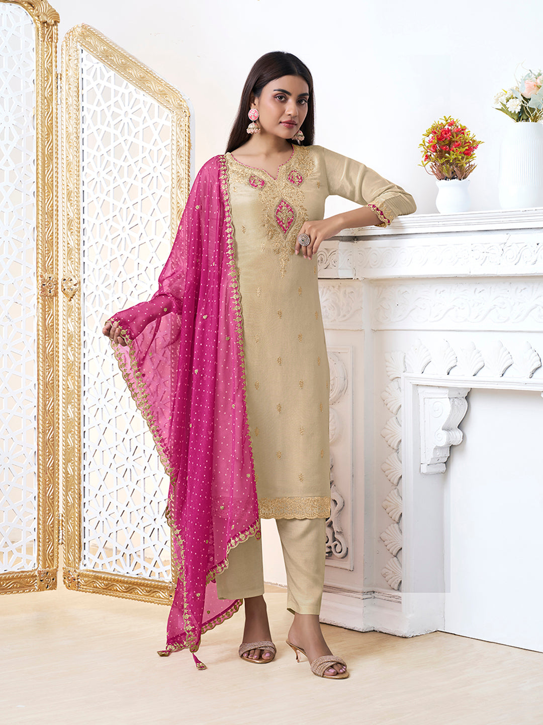 Off-White Tissue with Bandhi Print Colour Contrast Dupatta Kurta Suit Set